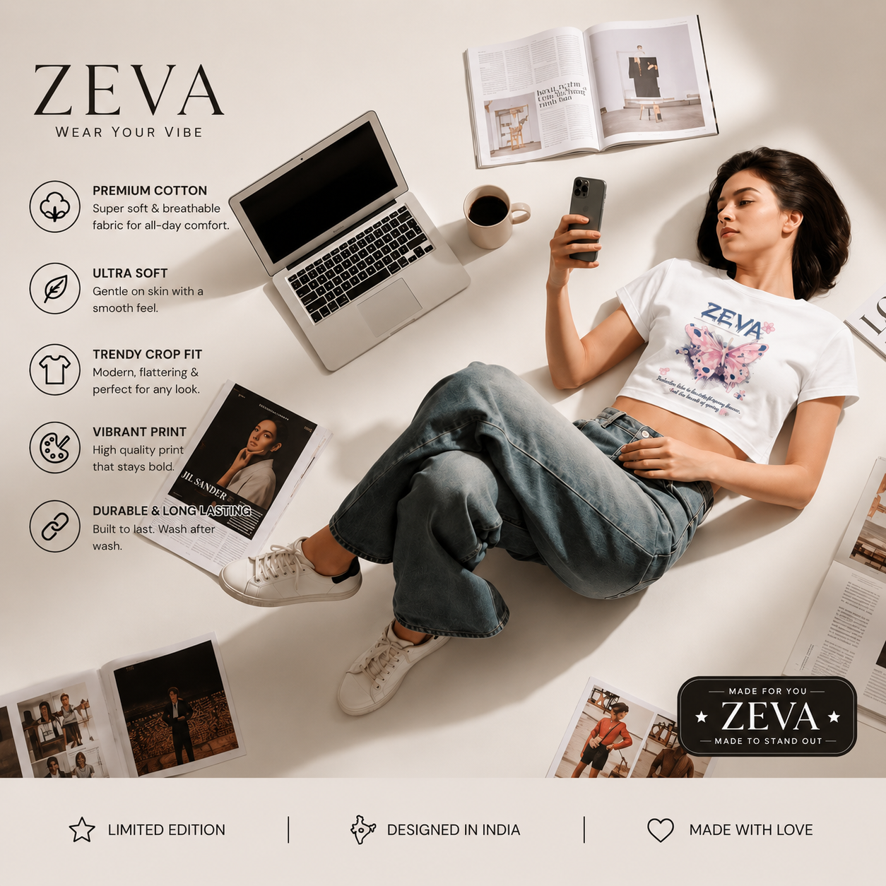 ZEVA Butterfly Bloom Crop Tee